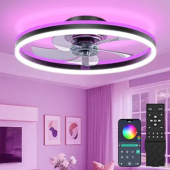 VOLISUN RGB Ceiling Fans with Lights and Remote, 20in Low Profile Ceiling Fans with Lights Flush Mount, 3000K-6500K Dimmable Fandelier LED Fan Light, Black Bladeless Ceiling Fans for Bedroom