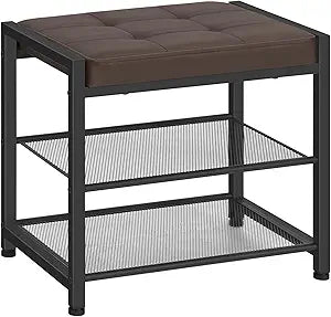 HOOBRO Small Shoe Bench, 3-Tier Shoe Rack, Shoe Storage Bench with PU Seat Cushion, Entryway Shoe Rack Bench with Metal Mesh Shelves, Freestanding Shoe Organizer for Hallway, Brown CB33HX01
