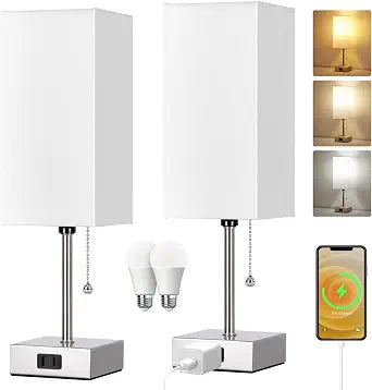 Dott Arts Touch Control Bedside Lamp, 3 Way Dimmable Nightstand Lamp with 2 USB Ports & AC Outlet, Modern Style, White Fabric Shade