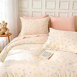 Wajade 7 Piece Colourful Bow Comforter Set for Girls Twin Size Cute Bedding Set Bed in A Bag (1 Comforter, 1 Flat Sheet, 1 Fitted Sheet, 2 Pillowcase and 2 Pillow Sham)