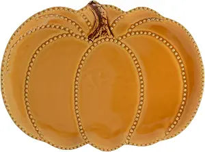 Boston International Pumpkin-Shaped Ceramic Plate Thanksgiving Dinnerware Serving Dish, 13" x 9.75", Butter Yellow with Beaded Edge