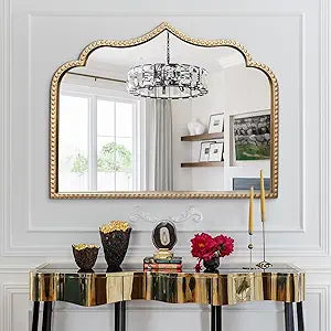 Gold Arched Mirror, 36"x28" Arch Vanity Mirrors for Bathroom, Metal Beaded Frame Ornate Decorative Mirror, Scalloped Vintage Mirrors for Fireplace Bedroom Living Room Entryway Hallway