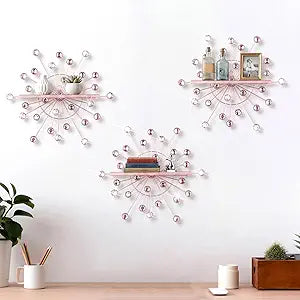 Yaocom 3 Pcs Bling Crystal Floating Shelves Metal Starbursts Wall Decor Folding Shelf Pink Corner Shelves Hanging Wall Mounted for Storage Bedroom Bathroom Living Room Kitchen Office Home Decoration