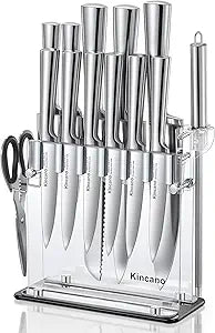 Knife Set, 14 PCS High Carbon Stainless Steel Super Sharp Kitchen Knife Set for Chef with Acrylic Stand, include Steak Knives, Sharpener and Scissors, Ergonomical Design by kincano
