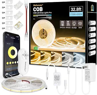 Wefomey COB LED Strip Light White, Dimmable 2700K-6500K High Density 6080LEDs 24V Flexible LED Tape Light with Remote and APP Control, for Under Cabinet Bedroom Kitchen DIY Lighting,1 Rolls of 32.8ft