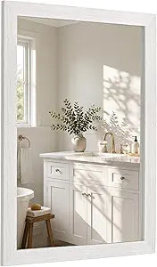 24" x 36" Distressed White Wall Mirror, Bathroom Vanity Mirror for Over Sink, Whitewashed Wood-Look Textured Frame, Rustic Farmhouse Rectangular Decorative Mirror