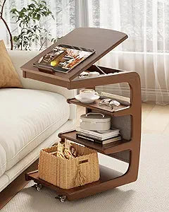 AQIMUELE Rolling Side Table, C Shaped End Table, C Table with 4 Wheels Solid Wood Small Rolling Desk with Adjustable Desktop,C Shaped End Table for Couch(15.6" D x 15.7" W x 24.3" H