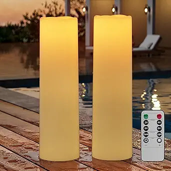 14"4" Large Outdoor Flameless Candles with Remote Waterproof Battery Operated Candles with Timer LED Pillar Candles Flicking for Home Decoration Porch Wedding Fireplace Lantern, Ivory-Yellow 2Pcs