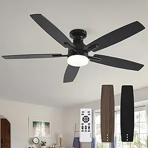 52 Inch Ceiling Fans with Lights and Remote, 5 Reversible Wood Blades, 6-Speed Noiseless DC Motor, Timer 2/4H Flush Mount Modern Ceiling Fan for Kitchen Living Room Bedroom(Black/Wood Gray)