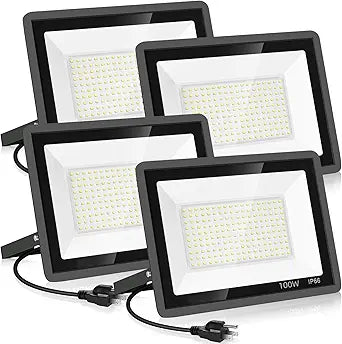 YANYCN 4 Pack 100W LED Flood Light,Super Bright Exterior Security Lights With Plug,IP66 Waterproof Outdoor Flood Light, 11600lm 5000K Daylight White Floodlight for Yard, Garden,Basketball Court, Arena