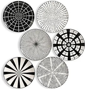 AHX Dinner Plates Ceramic Plate Set - 10 Inch Large Porcelain Round Plate Sets of 6 - Flat Modern Black Pattern Dining Plates for Kitchen | Family - Dishwasher | Microwave | Oven Safe