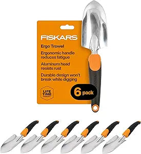 Fiskars Ergo Garden Trowel for Digging and Planting, Heavy Duty Gardening Hand Tool with Hanging Hole, Pack of 6