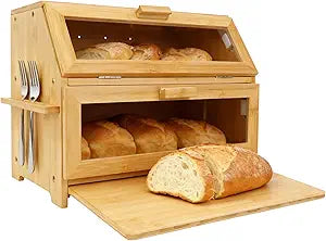 Bamboo Bread Box for Kitchen Countertop,Large Bread Storage Container with window,Modern Bread Storage Bin with Tool Holder for Homemade Bread Organizer (Double Layer)