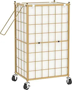 WOWLIVE Laundry Hamper with Wheels,Metal Wire Frame Rolling Laundry Basket with Removable bag,100L Dirty Clothes Hamper Organizer Dorm Room Storage for Bedroom,Bathroom,Golden