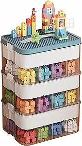 3 Tier Stackable Storage Organizer for Lego, 12.01*9.06*12.80 with Removable trays & grid Plates, PP Transparent Building Bricks Puzzle Craft Container Box Sorter, Green