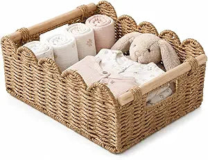 Scalloped Paper Rope Baskets for Storage, Decorative Woven Storage Basket with Handles, Large Wicker Style Nursery Basket for Shelves, Books, Toys & Home Decor, Natural