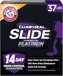 ARM & HAMMER Slide Platinum Easy Clean-Up Clumping Cat Litter, 24/7 Odor Control with Triple-Action Freshness, Non-Stick, Low Tracking & Multi-Cat Formula, Scented, 37 Lbs