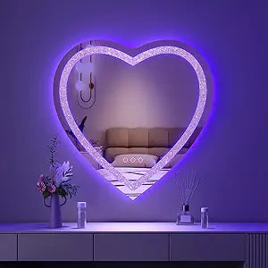 24"x24" Heart Shaped Mirror Crushed Diamond, RGBWY LED Heart Vanity Mirror with Lights, 3 Lighting Modes and 7 Static Colors, Wall Mounted LED Bathroom Mirror, Dimmable, Memory Function