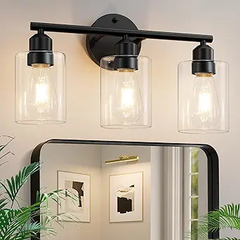 3-Light Bathroom Light Fixtures, 17.3" Black Modern Vanity Light for Bathroom Mirror, Glass Shade, Kitchen, Living Room, Bath, Metal