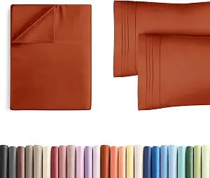 Twin Size Flat Bed Sheet + 2 Pillowcases Bundle - Hotel Luxury Single Flat Bottom Sheet Only - Fits Mattresses with Deep Pockets between 8 to 16 inches - Soft, Breathable & Wrinkle Free - Terracotta