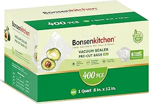 Bonsenkitchen Vacuum Sealer Bags,400 Quart 8" x 12" Precut Food Sealer Bags, Commercial Grade, BPA Free, Heavy Duty, Customized Size Vacuum Bags for Vac Storage, Meal Prep or Sous Vide Cooking, VB14