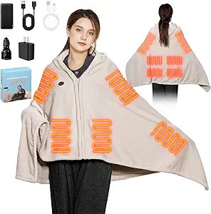 MIMYTH Cordless Heated Blanket with Hood, Rechargeable Wearable Heated Blanket Battery Powered with Strong Battery, 9 Heating Zones, 3 Levels, Portable Heated Throw Blanket, Camping(Wool Gray)