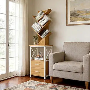 20In(W) x63In(H) End Table with Bookshelf & Drawers, Slim Sofa Side Table for Living Room, Rustic Wooden Entryway Console Table, Narrow Vertical Shelf Tower for Hallway & Small Spaces, Walnut&White