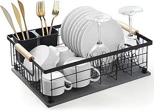 Dish Drying Rack with Stone Dish Drying Mat for Kitchen Counter, 16'' Lx 12''W Dish Drainer with Diatomaceous Earth Quick Dry Mat, Organization and Storage Essentials with Cup & Cutlery Holders