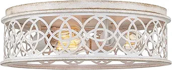 Kira Home Blythe 17" 3-Light Farmhouse Flush Mount Ceiling Light, Distressed White Metal Drum Shade with Trellis Pattern, Antique White Finish