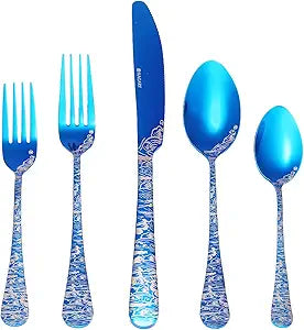 Wave Cutlery Set 20 Pieces Stainless Steel Flatware Set Service for 4 Utensils For Home Kitchen Wedding Laser Engraved Dishwasher Safe (All Blue)