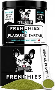 Frenchies vs Plaque & Tartar - Dog Dental Powder for Teeth Cleaning | Dog Breath Freshener & Teeth Cleaning Powder. Plaque remover & bad breath treatment. French Bulldog optimized, all breeds.