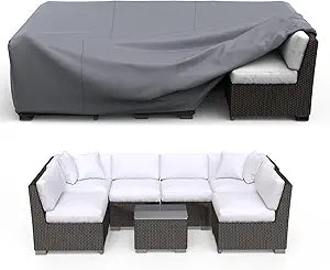 Patio Furniture Set Cover Waterproof, Heavy Duty Furniture Covers for Outdoor Sectional Sofa Set Wicker Rattan Table Chair Rectangular,124"L71"W29"H,Grey