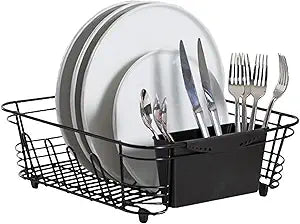 Better Houseware in-Sink Dish Drying Rack, Coated Steel, Black, 14.5 x 13 x 5 Inch, 2-Piece Set with Removable Utensil Caddy and Non-Slip Handles