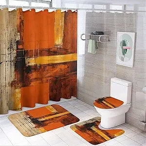 Shower Curtain 4 Piece Set Abstract Rustic Orange And Brown Print with Rugs Toilet Lid Cover And Bath Mat Burnt Orange Abstract Farmhouse Bathroom Shower Set for Bathroom Decor 72inch X 72inch