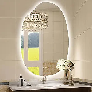 38"x26" Asymmetrical Led Mirror for Bathroom, Irregular Backlit Vanity Mirror with Lights, Frameless Smart Mirror, 3 Colors Stepless Dimmable, Anti-Fog, Memory, CRI95+, Horizontal/Vertical