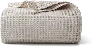 Shunjie.Home 100% Cotton Waffle Blanket, Pre-Washed and Anti-Shrinkage Soft Lightweight Bed & Couch Blanket, 380 GSM Waffle Weave Throw Blanket for All Seasons (Light Khaki - King Size - 104 * 90'')