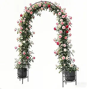 OUSHENG 8FT Metal Garden Arch Trellis with Planter Boxes for Climbing Plants Outdoor, Heavy-Duty Wedding Arch Backdrop Stand for Ceremony, Party, and Garden Decorations, Rust-Resistant Black Pergola