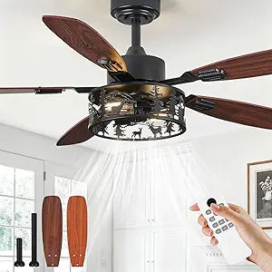 52" Rustic Ceiling Fan with Light - Bear Deer Design, 6 Speeds Reversible DC Motor Farmhouse Industrial Black Ceiling Fans Remote Control for Bedroom, Living Room, Kitchen