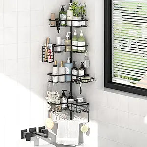 DTUQYX Shower Caddy Tension Pole: 4-Tier Corner Bathroom Shelf Organizer with Soap & Toothbrush Holder, No-Drill Adjustable Rustproof shelves for Renters - Family Stand Storage Rack - 43.5-120 Inch