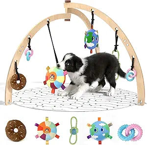 QDAN Puppy Play Gym for Small Dogs with 6 Hanging Toys, Wooden Frame, Adjustable Straps, Interactive Enrichment Training Puppy Toys to Keep Them Busy