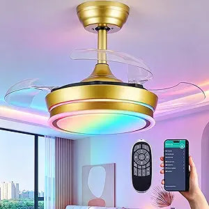 30" RGB Retractable Ceiling Fan Dimmable LED Chandelier Fan 6 Speed Small Fandelier with Remote APP Control for Living Dinning Room Bedroom Gold