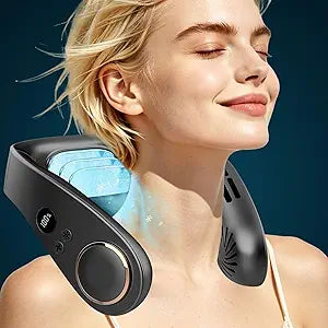 FWV Neck Fan with Cooling Plate, Quiet 30dB, 3-24Hrs Cooling,5500mAh Battery,LED Display Necklace AC Cooler, USB Bladeless Portable Personal Wearable Fans that Blow Cold Air for Men Women Kids Black