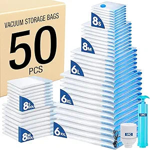 AROIC 50 Pack Vacuum Storage Bags, 5 Sizes + 2 Roll-up (8 Each) Space Saver Vacuum Sealer Bags for Clothing with 1 Electric Pump and 1 Hand Pump, Seasonal Storage Bags for Luggage, Travel Essentials