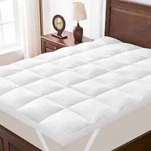 Dual Layer Goose Feather Down Mattress Topper Queen, White Feather Bed Topper, Down Mattress Protector with Straps, Pillowtop Featherbed Pad, 100% Organic Cotton Fabric (60x80 Inch)