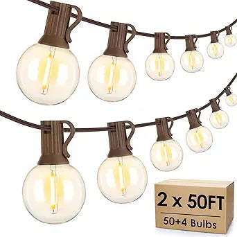 Mlambert 100Ft(2x50Ft) Outdoor String Lights, G40 Globe Patio Lights with 50+4 Waterproof LED Hanging Plastic Bulbs for Cafe Balcony Party-Brown Wire