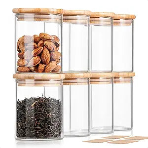 COCOYA 12 Oz Glass Jars with Bamboo Lid Set, UPGRADE Clear Thickened Glass Containers for Spice Tea Herb, Small Tiny Jars Food Storage Containers for Coffee Bean Seasoning sugar Kitchen Pantry (8Pack)
