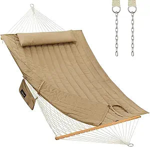 CHULIM Outdoor Double Hammock with Hardwood Spreader Bars, Large Rope Hammock with Polyester Pad and Pillow, 475 LBS Capacity for 2 Person Patio Backyard Poolside - Tan