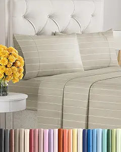 King Size 4 Piece Sheet Set - Ultra Soft & Cooling Sheets - Beige Stripes 4