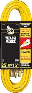 Southwire Yellow Jacket Heavy Duty Extension Cord - Outdoor Power for Tools & Equipment - Lighted End with SJTW Jacket & Three Prong Plug - 25 Foot