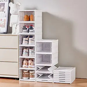 GUDEMAY Drop Front Shoe Storage Box, No Assembly Stackable Shoe Organizer Storage Bin with Clear Door, Free Standing Shoe Shelf Cabinet with Lid, Plastic Shoe Rack for Closet Entryway, 6-Tier
